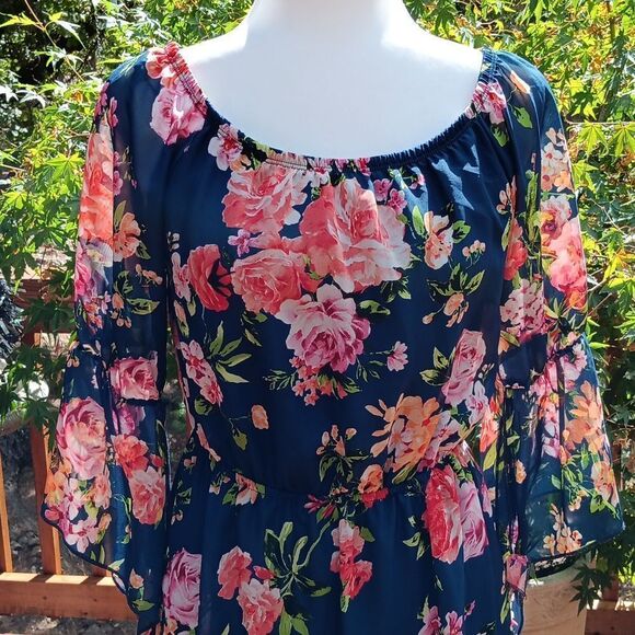 Espresso Dark Floral On/Off Shoulder Dress Cottagecore Coastal Cowgirl - Picture 3 of 12